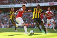 Aubameyang tries to send in a cross from the right in the game against Watford
